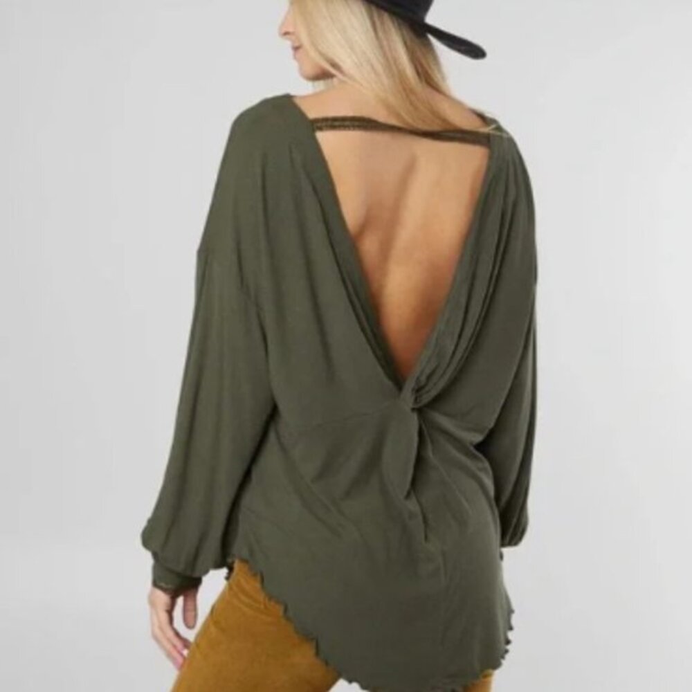 Free People Green Top Long Sleeve Tee Open Back